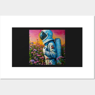 Astronaut admiring sunset in flower garden Posters and Art